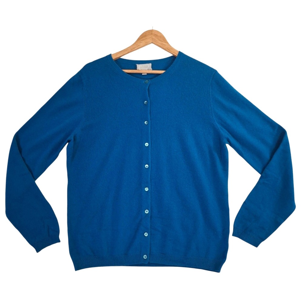 Pure Collection 100% Cashmere Cardigan Sweater Teal Blue US 14/16 L XL Crew Neck
